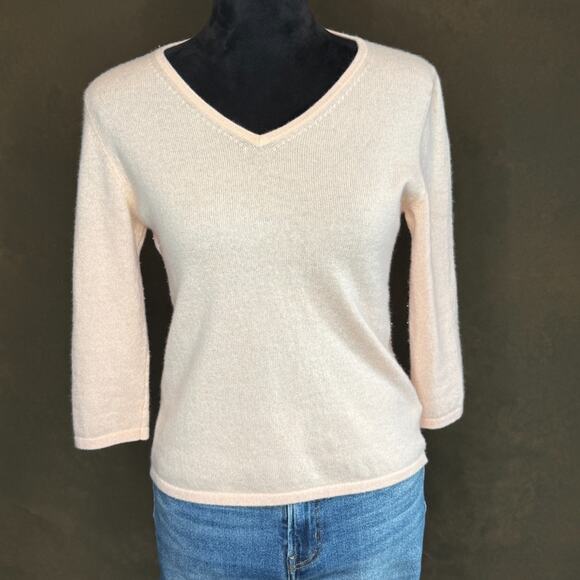 Worthington 100% Cashmere Sweater Women’s Small Blush Peach V-Neck 3/4 Sleeve - Picture 1 of 8